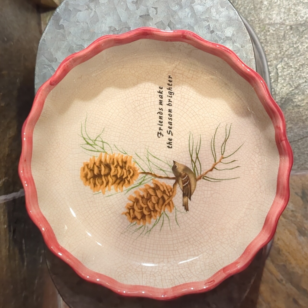 Roscher & Co Stoneware Pie Plate with pine cones and bird